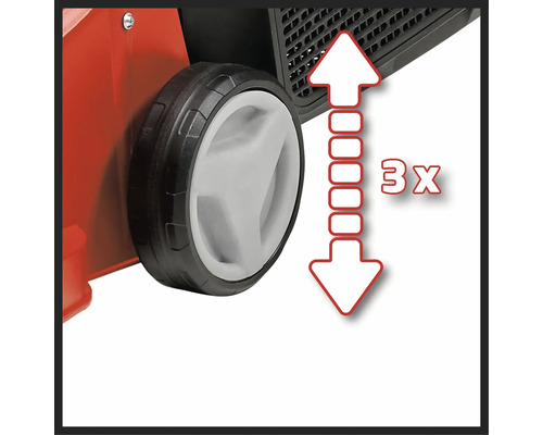 Detaljbild av ett apparathjul med pilar som indikerar den trefaldiga höjdjusteringen