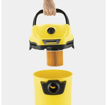 Kärcher-logotyp på en gul dammsugare där filtret byts ut