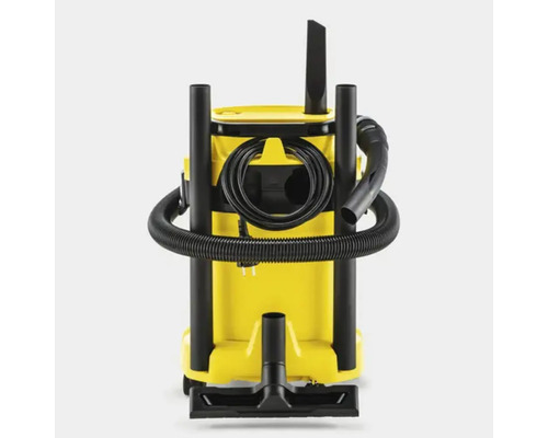 Gul universaldammsugare med svart slang och tillbehör