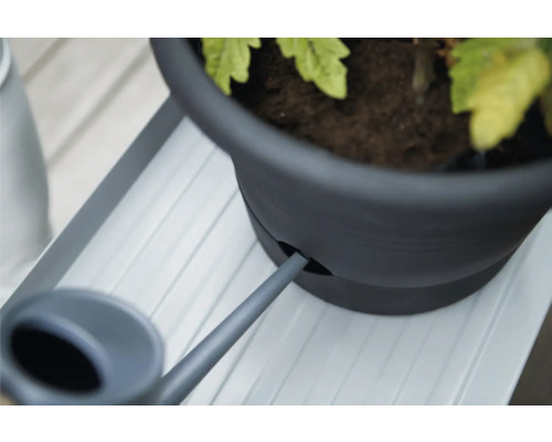 Vattenkanna fyller en blomkruka på en blomsterbänk.