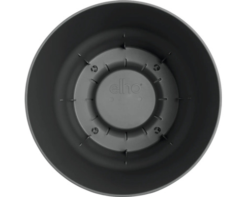 Inre vy av en rund blomkruka i plast med Elho-logotyp