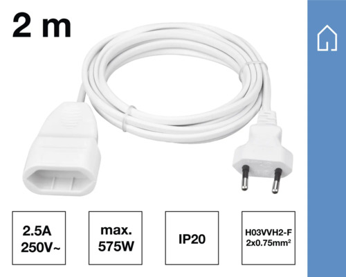 Vit förlängningssladd, två meter lång med kontakt och koppling