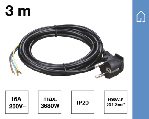 Anslutningskabel tre meter lång med jordad kontakt