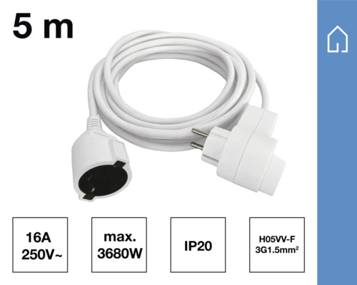 Fem meter lång förlängningssladd med skyddskontakt och koppling