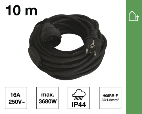 Svart förlängningssladd på 10 meter med kontakt och uttag
