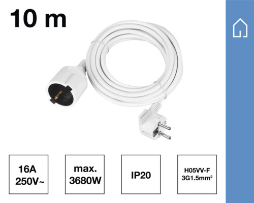 Förlängningskabel, 10 m lång, med stickpropp och koppling