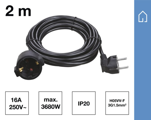 Två meter lång förlängningssladd med kontakt och uttag