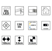 Produktfunktioner: 30 lysdioder, kan klippas till, självhäftande, lämplig för inomhusbruk, 130 lumen, färgtemperatur 4000 kelvin, batteri ingår, längd 100 centimeter, bredd 0,8 centimeter, höjd 0,2 centimeter