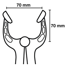 Teknisk ritning av en klämma med måtten 70 millimeter gånger 70 millimeter