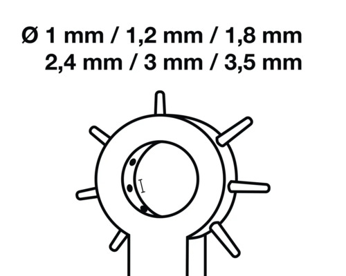 Håltång med hålstorlekar på 1 millimeter, 1,2 millimeter, 1,8 millimeter, 2,4 millimeter, 3 millimeter och 3,5 millimeter.