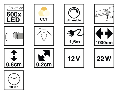 Produktfunktioner: 600 lysdioder, CCT, dimbar, kan kortas, 1,5 meters kabellängd, 1000 centimeters längd, 0,8 centimeters höjd, 0,2 centimeters bredd, 12 volt, 22 watt, 2000 timmars livslängd