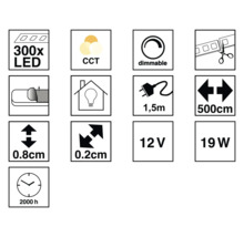 Produktfunktioner: 300 lysdioder, CCT, dimbar, kan kortas, 1,5 meter kabellängd, 500 centimeter längd, 0,8 centimeter höjd, 0,2 centimeter bredd, 12 volt, 19 watt, 2000 timmars livslängd
