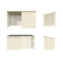 Trädgårdshus i trä med redskapsbod och sidmonterad trähylla i olika vyer