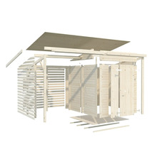 Sprängskiss av ett trädgårdshus i trä