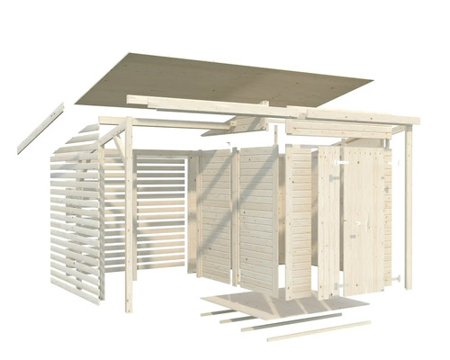 Sprängskiss av ett trädgårdshus i trä
