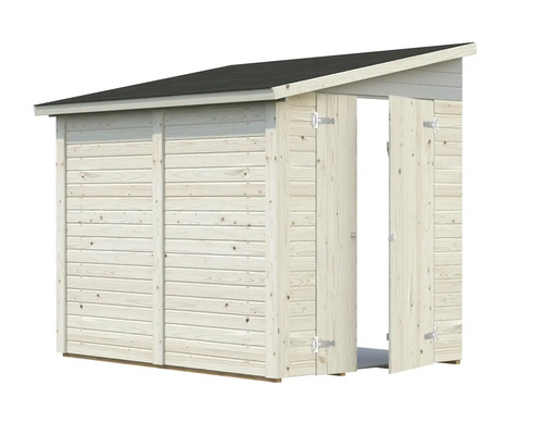 Träbod med öppna dörrar