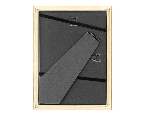 Baksidan av en fotoram med träram och stativ