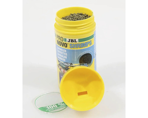 JBL Pro Novo Shrimps räkfoder i gul förpackning med öppet lock