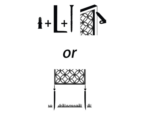 Illustration av två installationsmetoder för ett dekorativt element: väggmontering eller markspetsmontering