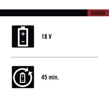 18 V batterisymbol och 45 minuters laddningstidssymbol