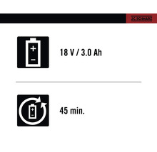 18 volt / 3.0 Ah batteriinformation och 45 minuters laddningstid