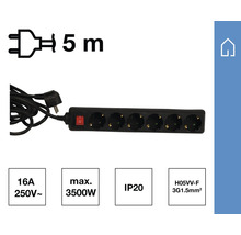 Grenuttag med sex uttag, 5 meter kabel, 16 ampere, 250 volt, maximal effekt 3500 watt, skyddsklass IP20, H05VV-F 3G1.5mm2