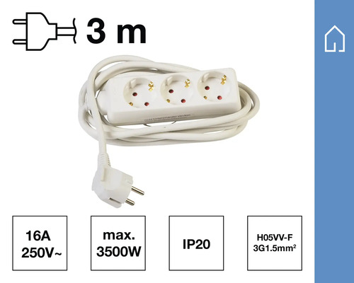 Grenuttag med tre uttag och tre meter kabel
