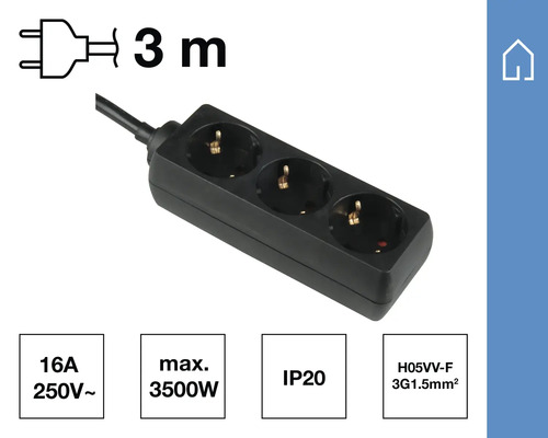 Grenuttag med tre uttag och 3 meters sladd