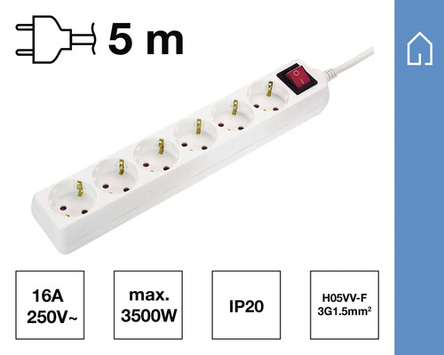 Vit grenuttag med fem uttag, strömbrytare och en fem meter lång kabel.