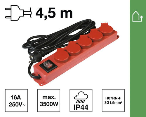 Grenuttag med fem uttag och 4,5 meters kabel