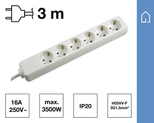 Grenuttag med fem uttag och en tre meter lång kabel
