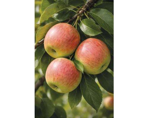 Tre äpplen på grenen med gröna blad