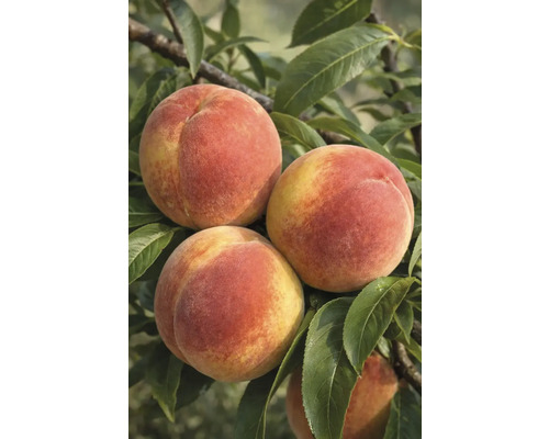 Närbild av persikor på trädet med löv