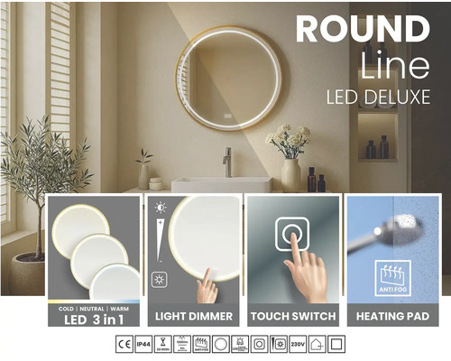 Rund LED-spegel med dimmer, beröringsbrytare, värmematta och antidimfunktion för badrummet