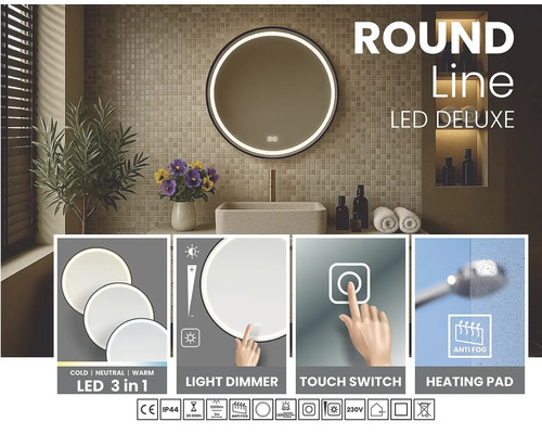 Rund badrumsspegel med LED-belysning, touchbrytare, ljusdimmer och anti-imfunktion