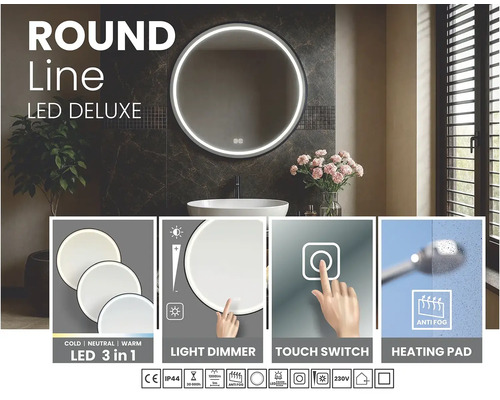 Rund LED-spegel med beröringsbrytare, dimmerfunktion och anti-imfunktion för badrummet
