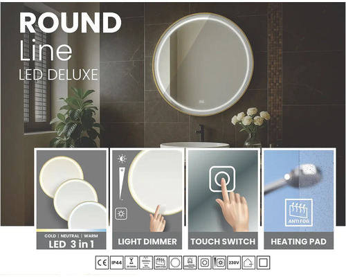 Rund LED-spegel med ljusdimmer, beröringsbrytare och anti-imfunktion