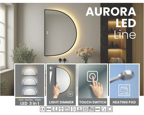 Halvmåneformad LED-spegel med tryckknapp, dimmerfunktion och antidimfunktion för badrum