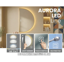 Halvcirkelformad LED-spegel med tryckknapp, ljusdimmer och anti-im funktion för badrummet.