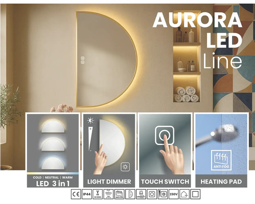 Halvcirkelformad LED-spegel med tryckknapp, ljusdimmer och anti-im funktion för badrummet.