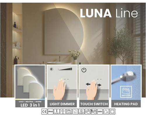 Luna Line spegel med led-belysning, dimmer, touch-strömbrytare och imskydd