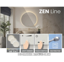 Badrum med rund spegel inklusive belysning, ljusdimmer, pekbrytare och värmematta.