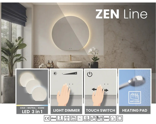 Badrum med rund spegel inklusive belysning, ljusdimmer, pekbrytare och värmematta.