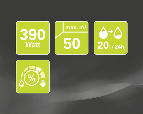 Produktfunktioner: 390 watt, maximalt 50 kubikmeter, 20 liter per 24 timmar, relativ luftfuktighet