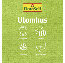 FloraSelf Logo, text för utomhusbruk, symboler för handgjorda, UV-beständig, frostbeständig och med hål i botten
