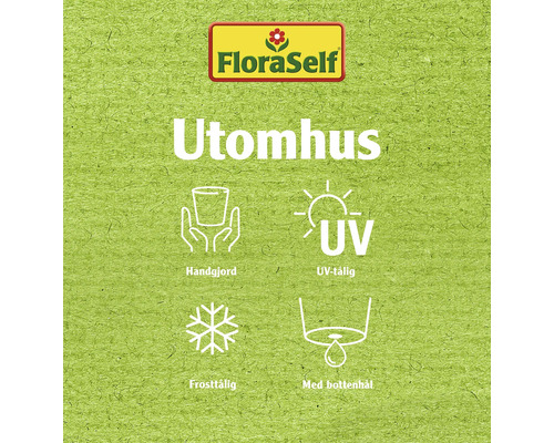 FloraSelf Logo, text för utomhusbruk, symboler för handgjorda, UV-beständig, frostbeständig och med hål i botten
