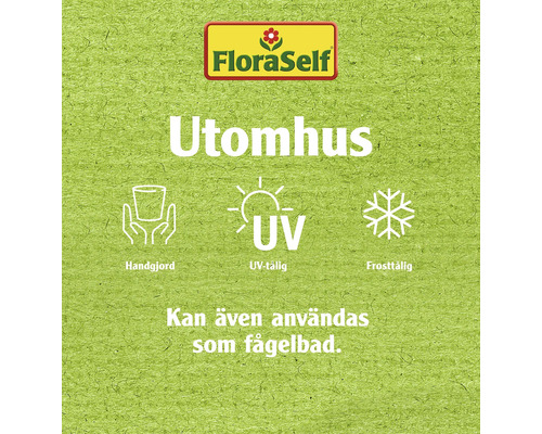 FloraSelf Logo. Lämplig för utomhusbruk. Handgjord. UV-beständig. Frosttålig. Kan även användas som fågelbad.
