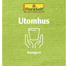 FloraSelf logotyp, text Utomhus, symbol växt i händer, text Handgjord