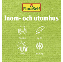 FloraSelf-logotyp med symboler för handgjort, låg vikt, UV-beständighet och frostbeständighet