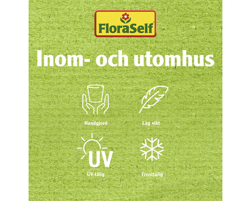 FloraSelf-logotyp med symboler för handgjort, låg vikt, UV-beständighet och frostbeständighet